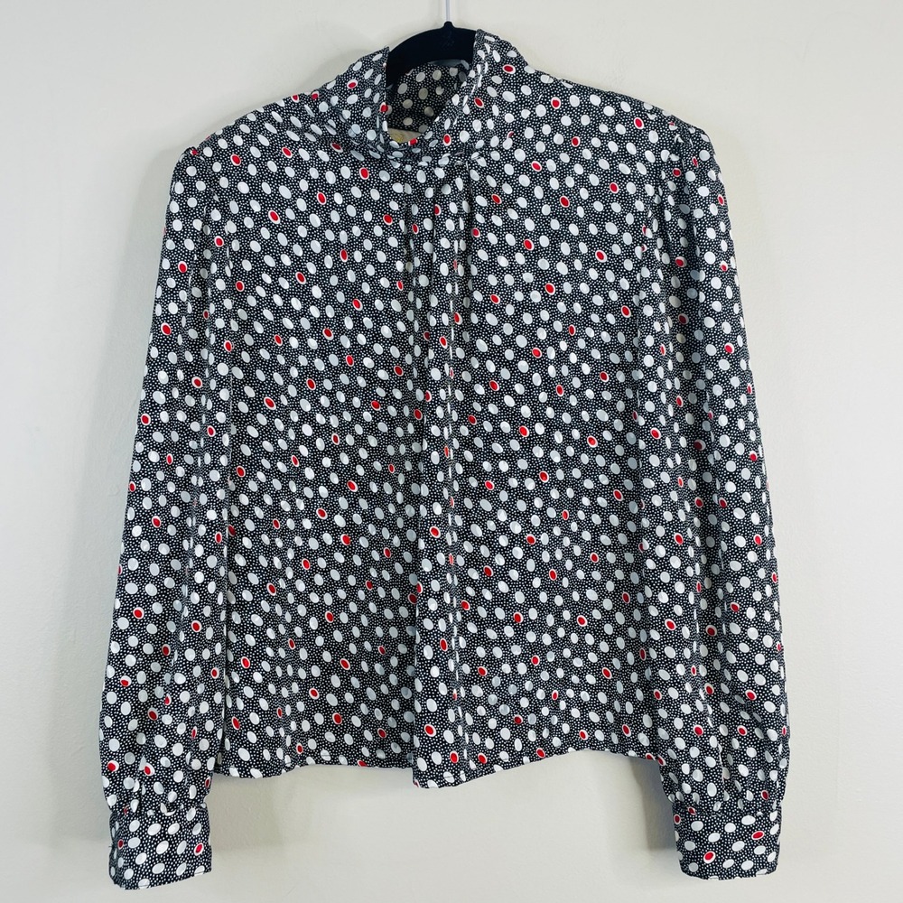 Vintage 80s High Neck Top Womens Large Polka Dot Silky Satin Retro Career Office